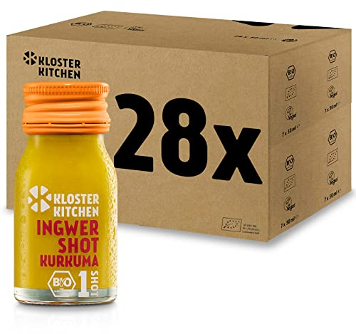 Kloster Kitchen Bio Ingwer Shot Kurkuma 1SHOT 28x 30 ml mit echten Ingwerstückchen I Ingwershot mit Kurkuma vegan in der To Go Flasche I süß-scharf ohne Zusatzstoffe & mit natürlicher Süße