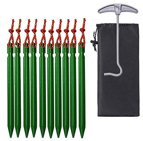 Green Tent Pegs 10 Pcs,Sunboia 7 inches Lightweight Aluminum Y-Shaped Tent Stake Nails with Reflective Rope for Outdoor Camping Trip Hiking