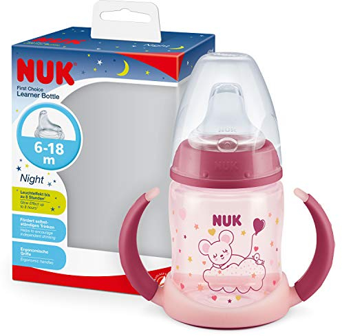 NUK First Choice+ Biberón Entrena Night taza para sorber | 6-18 meses | Brillan en la oscuridad | Válvula anticólico | Sin BPA | 150 ml | Rosa