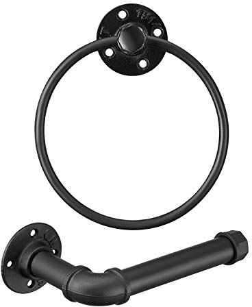 Industrial Black Toilet Paper Holder and Towel Ring, Bathroom Hardware Set, Wall Mounted Hardware Accessories, Includes Pipe Towel Rack Towel Ring, Matte Black Iron Finish for Bathroom 2PCS