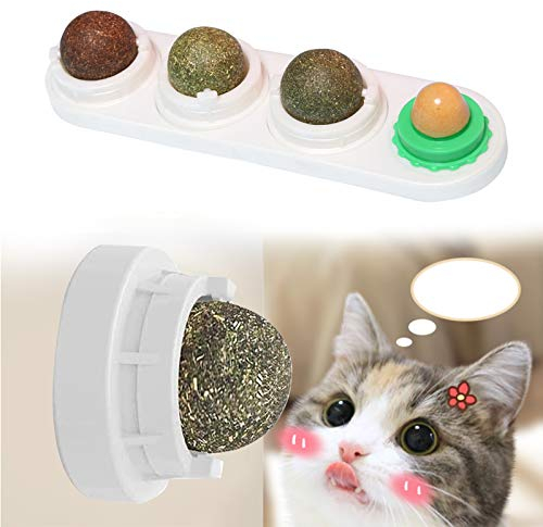 BERYCH Drehbare Katzenminze, 4 in 1 Selbstklebende Katzenminze mit Katzensnacks für Katze, katzenminze Spielzeug mit denen Katzen Zähne knirschen, Steigern Sie den Appetit