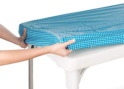 TopTableCloth Picnic Tablecloth Blue Checkered Elastic Table Cloth on The Corner for Folding Table Cover 4ft 48 x 24 inch Rectangular Outdoor Tablecloths Waterproof Stay Put Party Plastic Birthday