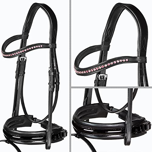 Heinick-Reitsport Trense anatomisch Motion Schwarz Lack breites RH mit Zaumhaken ~ Warmblut ~ (Rose)