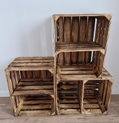 Wooden Crates Dark Burnt effect color with shelf - Fruit Vintage set of 4 Boxes with shelf, 50x40x30 cm - medium size, can be used as storage or decorative, durable and clean
