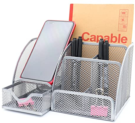ZDZBLX Schreibtisch Organizer, Stiftehalter Schreibtisch Mesh Metall Multifunktional Stifthalter Bürobedarf Büro Organizer Stifte Organizer Stiftebox mit Schubladen für Büro Schule Zuhause (Silber)