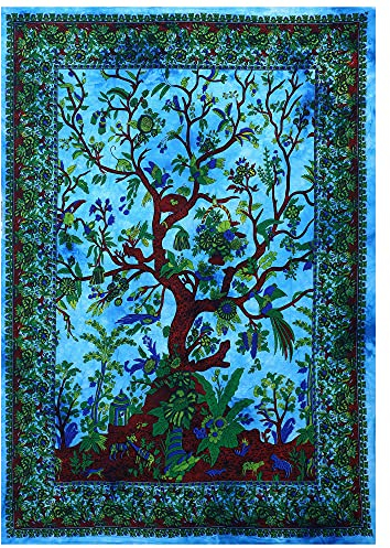 Popular Handicrafts Wandteppich Hippie Baum des Lebens Bohemian Hippie Psychedelic Design Indische Tapisserie Tagesdecke 76 x 101 cm Blau