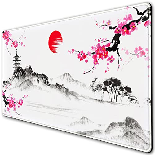 Japanisches Sakura Gaming-Mauspad, große Tastatur-Maus-Schreibtischunterlage XXL, 80 x 40 cm, vollständiges Desktop-Mauspad mit genähten Kanten und rutschfester Gummiunterseite, für Büro und Zuhause