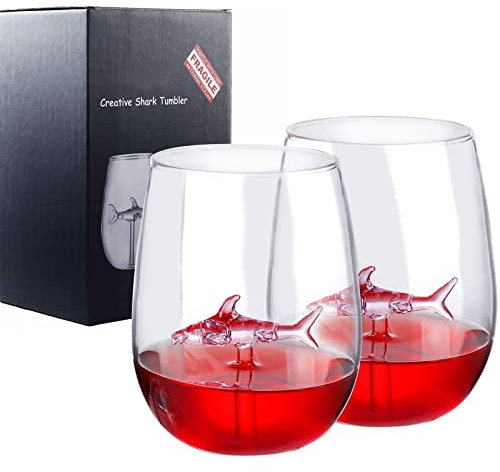 Hai-Weinglas, personalisierte stiellose Kristall-Hai-Weingläser mit Hai-Innenseite (2 Stück), ausgefallene coole Rotweinbecher, Geburtstag, Hochzeit (Rosa)