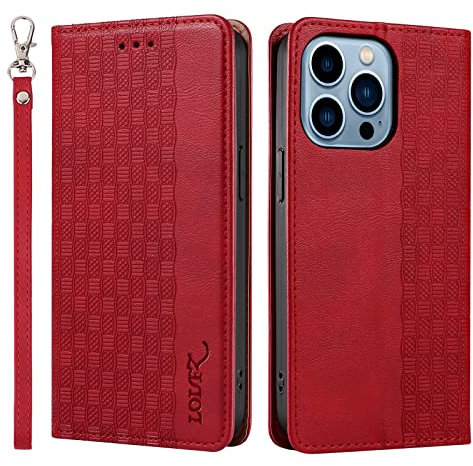 LOLFZ Case for iPhone 13, Leather Flip Wallet Case Card Slots Kickstand Wrist Strap Protective Magnetic Phone Case Cover for Apple iPhone 13 - Red