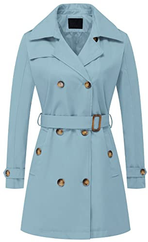 Chrisuno Zweireihiger Trenchcoat für Damen, mittellang, mit Gürtel, langer Mantel, Jacke mit abnehmbarer Kapuze, Blau, XL