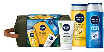 NIVEA MEN Travel Buddy Geschenkset, erfrischendes Set mit Pflege-Favoriten für einen aktiven Lifestyle, Pflegeset mit Duschgel, Shampoo, Waschgel und Kulturbeutel