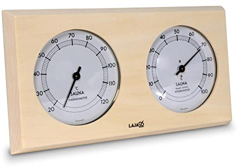 LaJa26 Sauna Thermo-Hygrometer - FSC Espenholz - Misst Temperatur & Luftfeuchtigkeit - Bimetalltechnik - Synthetik-Haar - Beständig gegen Wärme und Luftfeuchtigkeit - Fertig montiert - Made in Europe
