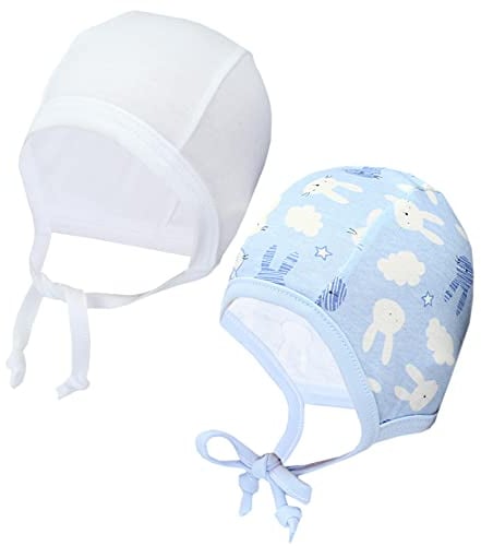 TupTam Unisex Baby Erstlingsmütze zum Binden 2er Pack, Farbe: Kaninchen Hellblau/Weiß, Größe: 62-68