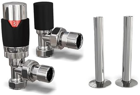 UK Radiators Black Thermostatic Radiator Valves and Angled Lockshield Valve - Matt Black Finish - Classy and Modern Design 1/2 x 15mm Angled Radiator Valves with 130mm Pipe Covers