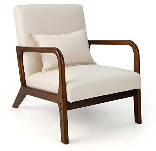 GIANTEX Modern Accent Chair with Pillow - Comfy Upholstered Lounge Armchair with Anti-Slip Felt Pads, Wooden Frame Soft Padded Arm Chairs for Living Room, Bedroom, Study, Beige