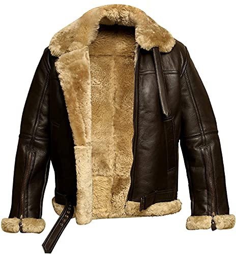 Giacca da aviatore RAF B3 in pelle di pecora con vera pelliccia di shearling, bomber da volo, giubbotto invernale WW2 - Nero e Marrone, Marrone, XXL