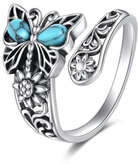 POPLYKE 925 Sterling Silber Türkis Schmetterling Löffel Ring Vintage Daumen Ringe Boho Einstellbare Offene Ring Sonnenblumen Ring Schmuck Geschenke für Frauen