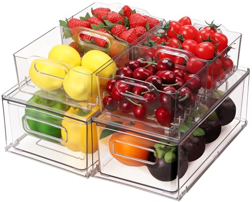 Abiudeng Fridge Organizer Kitchen Storage Organisation Cupboard Organiser with Pullout Drawer Stackable Fridge Drawer Organizer Set BPA free Clear Storage for Freezer-6Pcs(M*2+baskets*4)