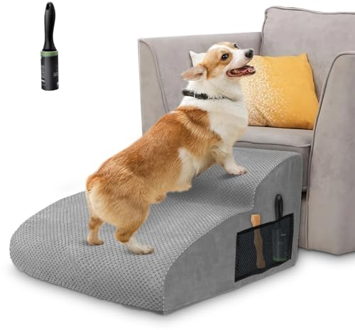 MASTERTOP Dog Steps for Bed, 2 Steps Waterproof Dogs Stairs for Small Dogs and Cats, Non-Slip High Density Foam Dog Ramps with Removable Cover - Grey, 55 x 40 x 30cm