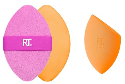 Real Techniques Lot de 2 éponges Miracle Complexion + houppette à poudre Miracle 2 en 1, éponge de mélange de maquillage et houppette double face, pour liquides, crèmes et poudres, végétalien et sans