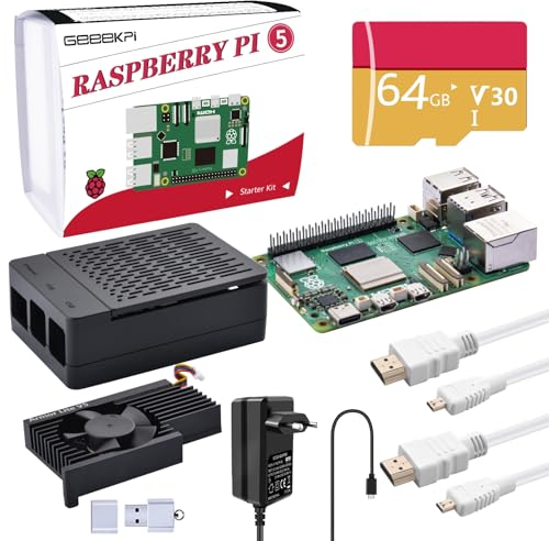 GeeekPi Starter Kit for Raspberry Pi 5 4GB, with Raspberry Pi 5 & Armor Lite V5 Active Cooler, ABS Case, 64GB Card, Card Reader, 2pcs 4K HDMI Cables and 27W USB C Power Supply