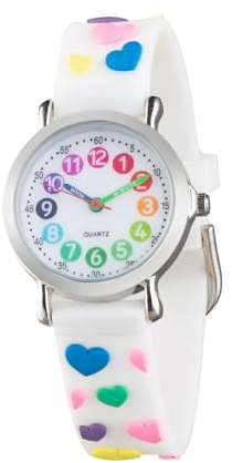 CHAOTECHY Kinder Armbanduhr für Mädchen und Jungen,gut lesbar, um ganz leicht zu Lernen, die Uhr zu lesen (Weisses Herz 01)