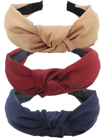 scicent Haarband 3 Stück Damen Stirnband Knoten Kopfband Vintage Breite Haarreif Turban Elastische Kopf Wickeln Niedlich Haarschmuck für Mädchen (Schwarz+Dunkelrot+Weizenfarben) - 1811
