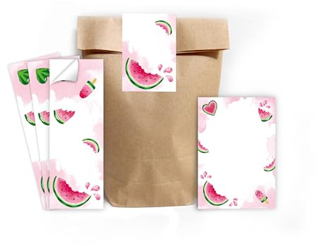 Mitgebsel Kindergeburtstag 6 Mini-Notizblöcke + 6 Geschenktüten (natur) + 6 Aufkleber Wassermelone Gastgeschenke für Mädchengeburtstag