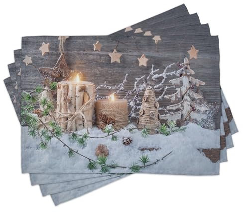 ABAKUHAUS Weihnachten Platzmatten 8 Stück, Kerzen mit Laternen, Waschbare Stoff Esszimmer Küche Tischdekorations Digitaldruck, Weiß Braun