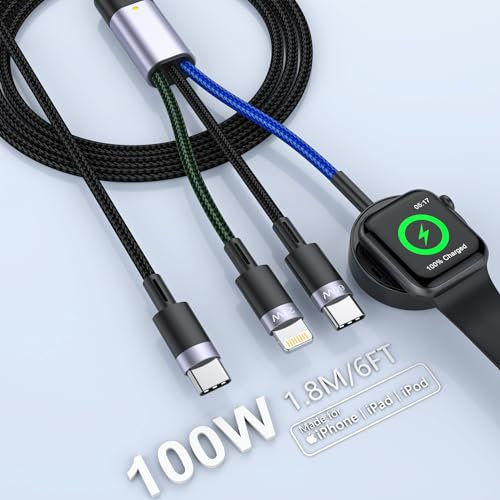 100W iWatch and Phone Fast Charger Cable, 3 in 1 USB C i Watch Charging Cable Compatible with Apple Watch/iPhone/Airpods/Laptop, iWatch Charging Cord for iWatch Series 9/SE/8/7/6/5/4/3/2 US