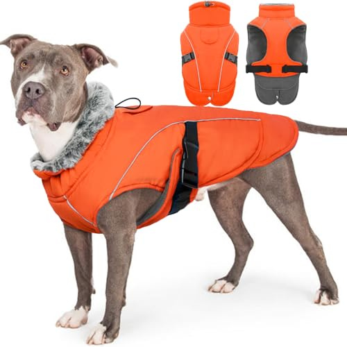 Wasserdicht Hundejacke, Warme Winterjacke Hundepullover mit Fleece Gefütterte Winterweste Haustierbekleidung Kaltes Wetter für Große Hunde(Orange, 2XL)