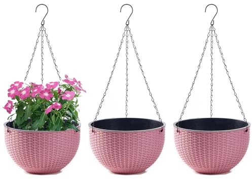 WOWEI 3 Pezzi Vasi da Parete, Vasi da Appendere in Plastica, Vasi da Fiori Sospesi Autoirriganti Vasi da Parete con Serbatoio dell'acqua e Foro di Scarico, Porta Vasi Sospesi con Catene (Rosa, L)