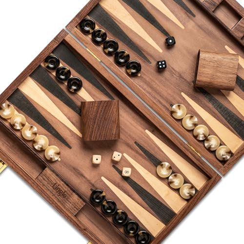 Lingle 36,83 cm Premium Natur-Walnuss Falt-Backgammon-Set, Enthält 30 Kunsthorn-Damen, 2 Walnuss-Würfelbecher und 5 Holz-Würfel. Klassisches Zwei-Spieler-Strategiebrett