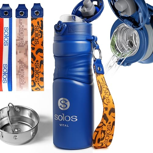 Borraccia Termica con Infusore Rimovibile, 650 ml in Acciaio Inox con Beccuccio, Bottiglia per Tè, Caffè e Bevande Fredde, 3 Cinghie