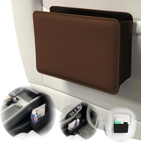 HIPATU Leather Car Bin for Tesla Model S 2012-2023, Car Garbage Bin Rubbish Bin Tidy, Hanging Auto Trash Bag, Car Boot Organiser Storage Portable Waterproof Car Accessories,A-BROWN