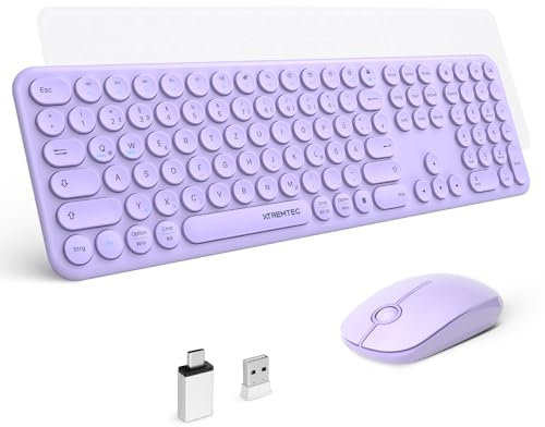 XTREMTEC Volle Größe Kabellose Tastatur und Maus,USB 2.4GHz Verbindung,Retro runde Schreibmaschine ultradünn,leise,niedliche Computer-Tastatur für Windows,Mac,Tablet(Flieder)-Deutsche Tastatur