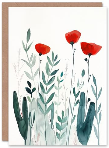 Artery8 Greeting Card Wild Poppy Flowers Bright Red Teal Watercolour For Her Woman Birthday Card