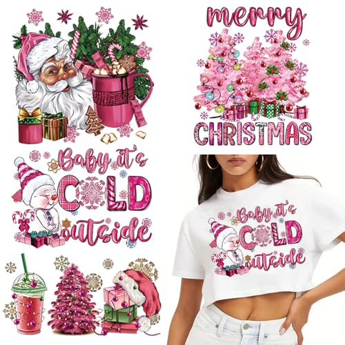 4 Sheets Christmas Iron On Transfer Decal Pink Color Iron On Patches Heat Transfer Vinyl Sticker Santa Claus Snowman Tree Drink Design Washable Heat Press Decal for Clothing Jean Craft Sew Decoration