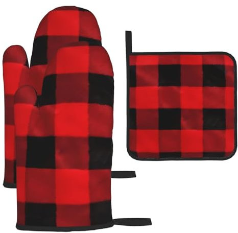 YYHWHJDE Set di 3 guanti da forno e presine per isolamento termico antiscottatura, motivo a quadri rossi e neri