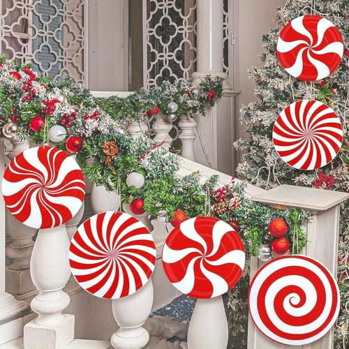 12/6 adornos de Navidad de caramelo grandes, duraderos, impermeables, decoración para exteriores para porche y árbol, diseño fácil de colgar para patio festivo y ambiente de césped (6 piezas)
