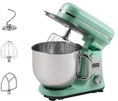 Bestron Küchenmaschine, Super Silent (65db) 4-1 Küchenmaschine mit DC-Motor, 6 Liter Rührschüssel, inkl. Knethaken, Rührbesen und Teigschläger, 6 Geschwindigkeitsstufen + Pulsefunktion, Farbe: Mint