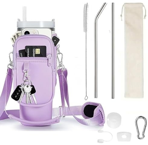 CARPEDIEM 9 Pcs Insulated Neoprene Water Bottle Carrier Crossbody Bag with Phone Pocket, Straws,Straw Cap,Leak-Proof Silicone,Brush,& Steel Carabiner Clip for Stanley Cup 40oz Accessories (Orchid)