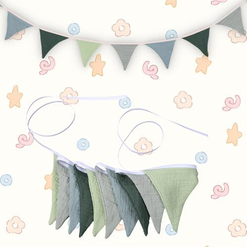 Wimpelkette Kinderzimmer 236 cm Wimpelkette Stoff Babyzimmer Deko Wimpel Girlande Boho-Dekoration Musselin Baumwolle Stoff Bunt Banner Für Wand Spielzimmer Geburtstag Baby Party(grün)