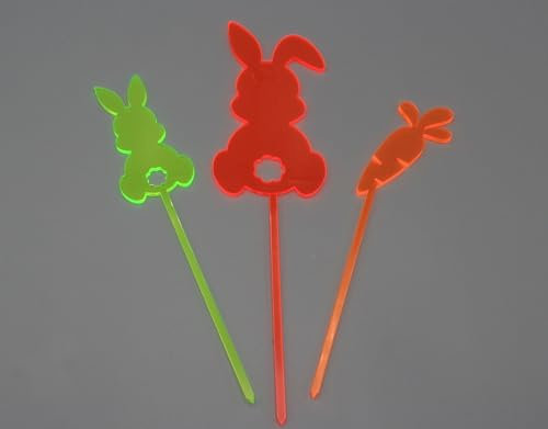 Hasen- und Möhrenstecker Set aus Acryl, 3-teilig, 14,8-15,6 cm, Deko für Blumentöpfe und Torten (Grün Rot Orange fluoreszieren)
