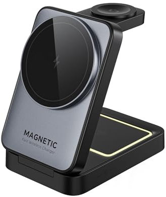 3 in 1 Magnetische Ladestation für Apple Geräte, Kabelloses Ladegerät mit MagSafe, Faltbar Induktive Wireless Charger für iPhone 16e/15 Plus/14 Pro Max/13 mini/12,iWatch Ultra/10/9/8/7/6/SE/5,AirPods