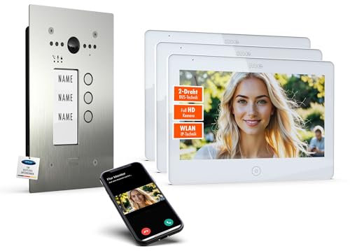 m-e ALLVISO Videotürklingel mit 2 Draht IP BUS-Technik I Unterputz-Außenstation mit 160° Kamera I 10 Monitor Innenstation mit WLAN I Handy App, Türsprechanlage 3 Familienhaus