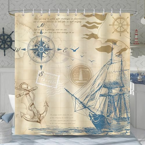 COZZSNUGE Nautical Coastal Shower Curtain, Vintage Sailboat Compass Anchor Bathroom Curtain 180 x 180 cm, Water Repellent Mildew Resistant Polyester with 12 Hooks