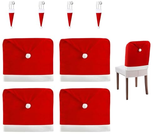 Fleymu 4er Set Weihnachts-Stuhlbezug - Weihnachtsmützen-Optik, mit 4 Weihnachtsmützen für Besteck, Stretch Stuhlüberzug für Esszimmerstühle, Weihnachtsdekoration