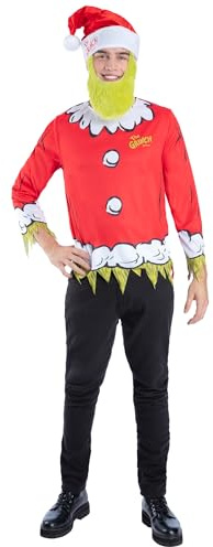 Smiffys Dr Seuss The Grinch Santa Kit for Adults - Official Licensed Christmas Fancy Dress Top, Hat & Beard, Festive Party Outfit for Holiday Events, Book Week & Seasonal Dress Up