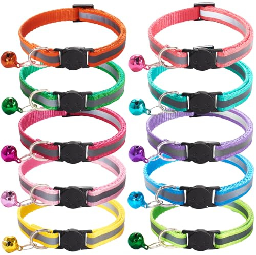 10 stycken anti-kvävningshalsband för katter, halsband för katter, halsband för katter, justerbar storlek för att passa din katt, med hängsmycke, lämplig för katter och hundar (tio färger)